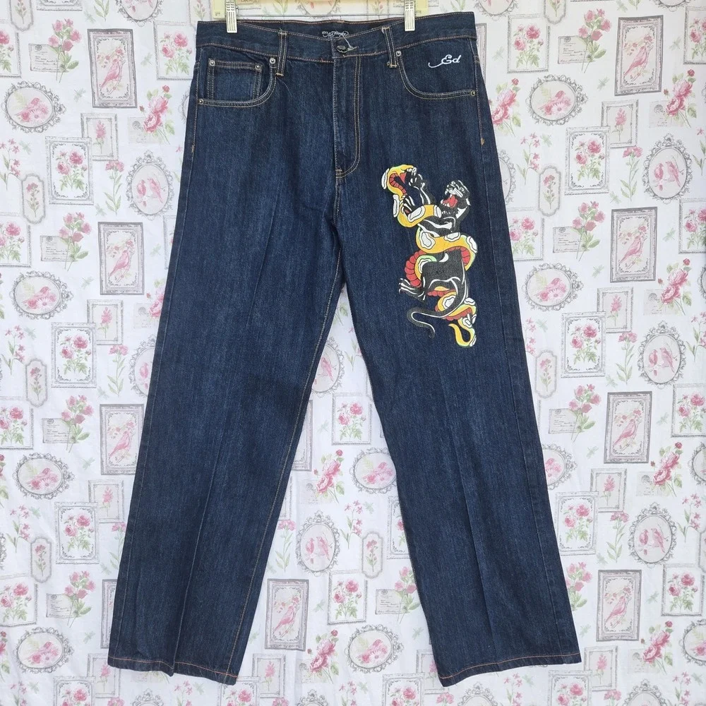 Rare Vintage Ed Hardy Christian Audigier Tiger In Flames Embroidered Jean  38x34